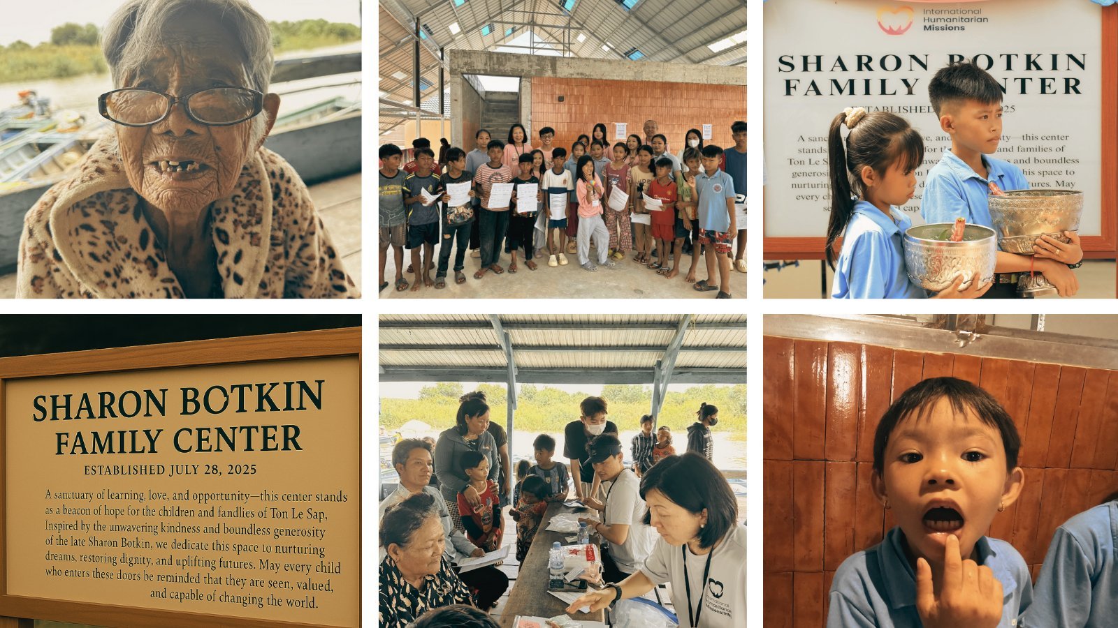 Portraits and moments from the school dedication — an elder, students with new uniforms, the dedication plaque, and patient care