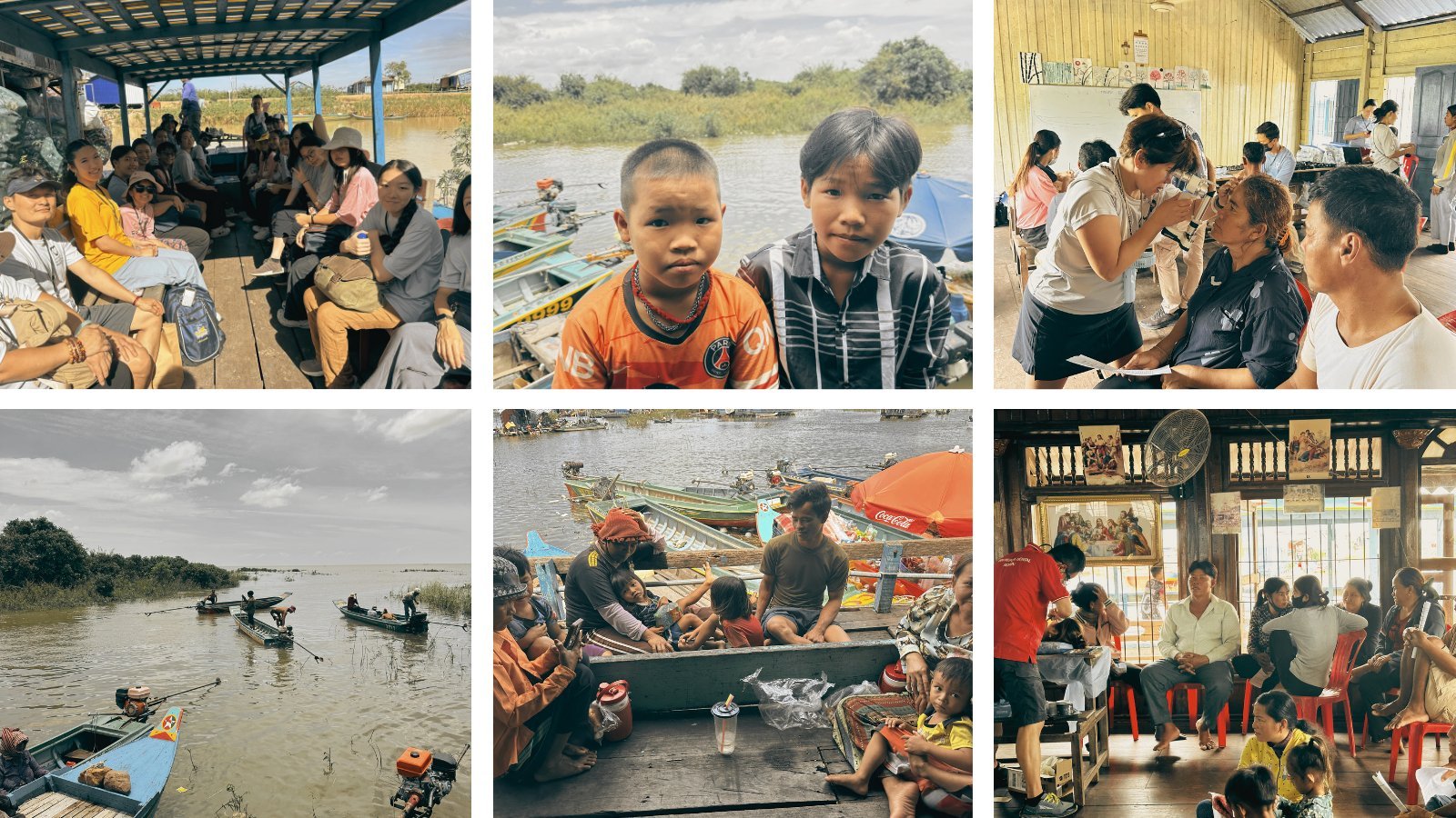 The IHM team traveling by boat to the floating villages of Tonle Sap, with eye exams and home visits
