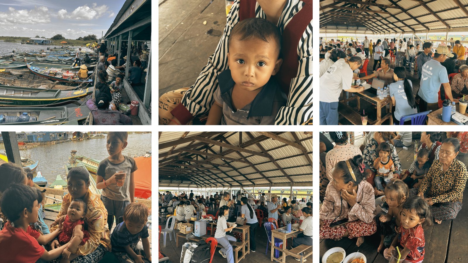 A young child cradled by a parent, mobile clinic scenes in Peam Ro, and families gathering for care